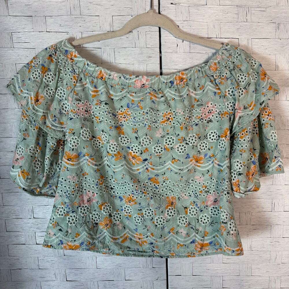 Laia women’s ruffles off shoulder eyelet mint green crop embroidered Bahamian